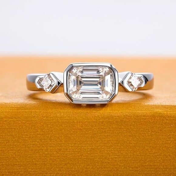 1.3cttw Emerald Cut Moissanites 3 stone D Color VVS1 Clarity Engagement Ring - Picture 3 of 6